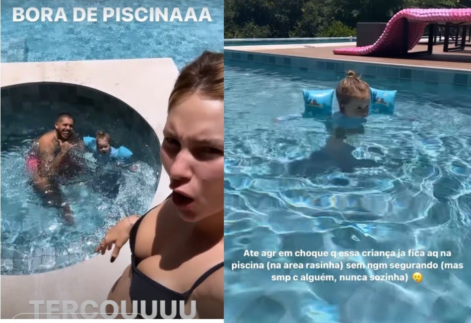 Zé Felipe e Virgínia Fonseca mostram sua bebê na piscina da mansão