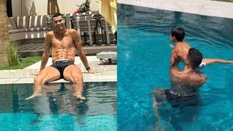 Cristiano Ronaldo curte piscina com a família e ensina filho a nadar de maneira inusitada; assista – Esportes